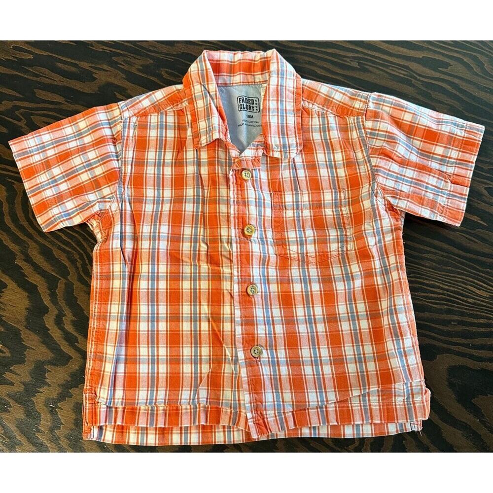 Faded Glory Button Down Short Sleeve Orange Blue White Plaid Size 18 Mo (854)